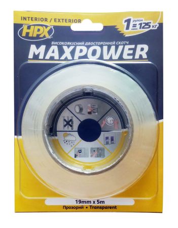 Прозрачная двусторонняя лента Maxpower, 19 мм x 5 м.